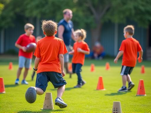 Group of young children learning football basics